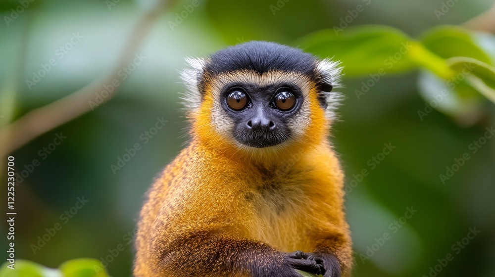 Close-up of a vibrant monkey with expressive eyes, surrounded by lush green foliage in a natural habitat Close-up of a vibrant monkey with expressive eyes, surrounded by lush green foliage in a natural habitat