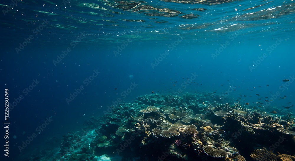 Fototapeta premium Stunning underwater reef scene. Deep blue ocean, vibrant coral, and colorful fish.