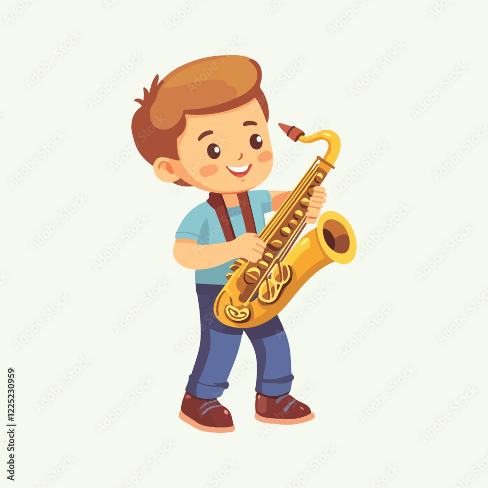 Naklejka premium Cute cartoon Boy Playing Saxophone vector illustration 