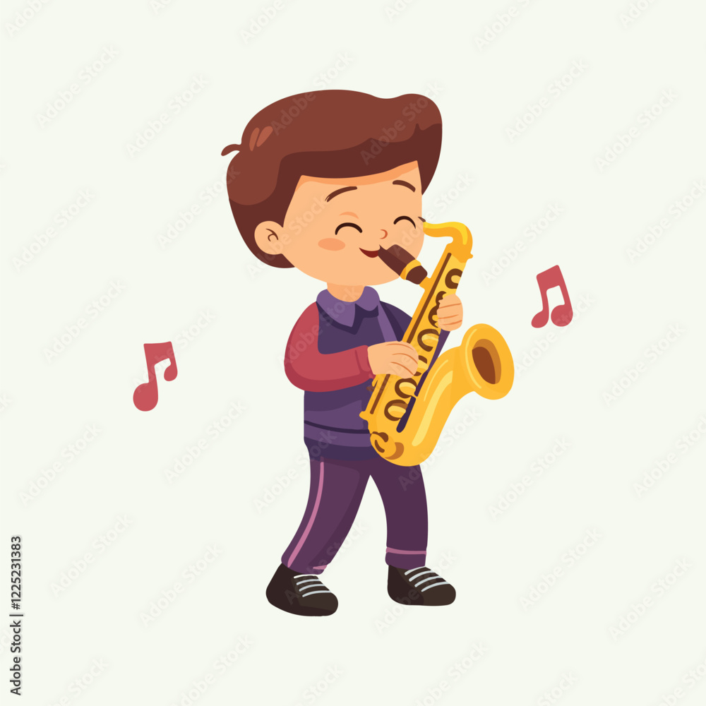 Naklejka premium Cute cartoon Boy Playing Saxophone vector illustration 