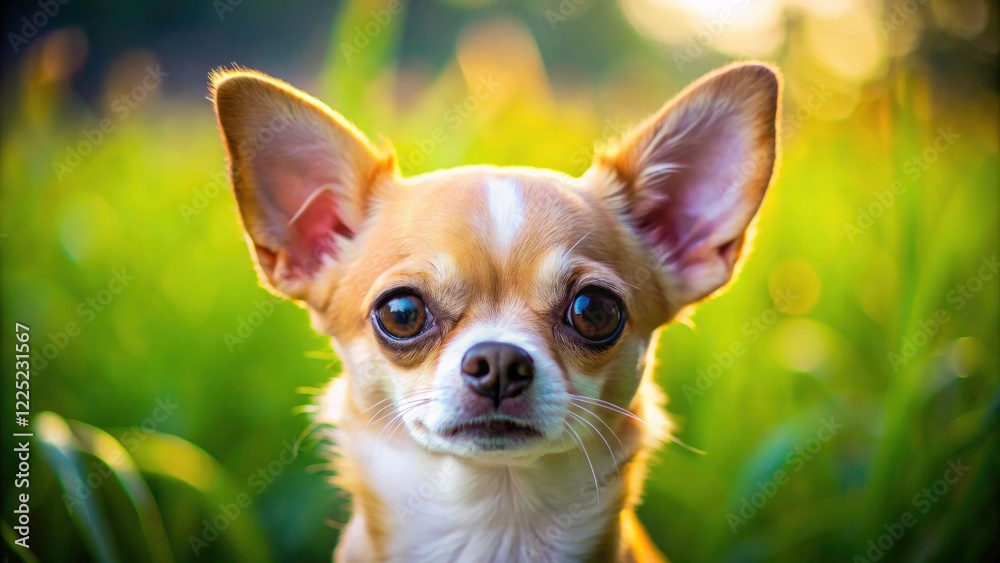 Outdoor macro portrait: a captivating Chihuahua's expressive eyes and tiny features dominate the frame.