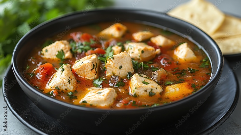 Chicken tomato soup, crackers, cilantro. Delicious lunch recipe Chicken tomato soup, crackers, cilantro. Delicious lunch recipe