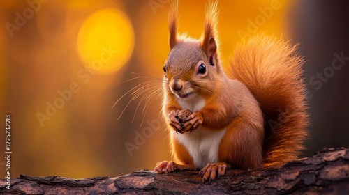 Squirrel Holding a Nut on a Branch During a Golden Sunset in a Forest Setting