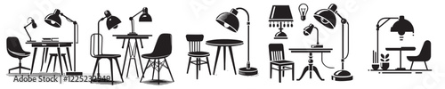Collection of vector silhouettes of lamps and study tables