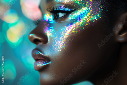 Close up portrait of an African American woman with festive look makeup, blue green golden glitter and sad face expression. Side view, profile, watching, looking ahead. photo