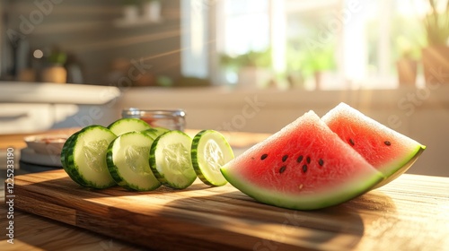 Sliced watermelon and cucumber on wooden board in sunlit kitchen.