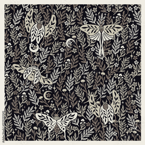 Forest Wildlife Seamless Pattern with Hand Drawn moth, butterfly, moon and plants. Wild Animals in forest. Repeat Design good for wallpaper, fabric, baby clothes, backgrounds and more.