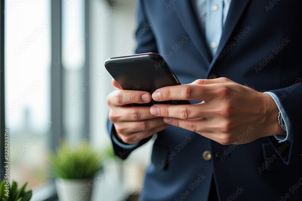 Business Professional Engaged in Mobile Communication While Standing by Window Overlooking Urban Landscape in a Modern Office Environment Business Professional Engaged in Mobile Communication While Standing by Window Overlooking Urban Landscape in a Modern Office Environment