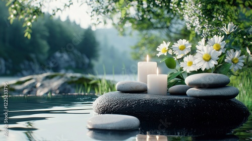 Peaceful River Scene with Candles and Flowers