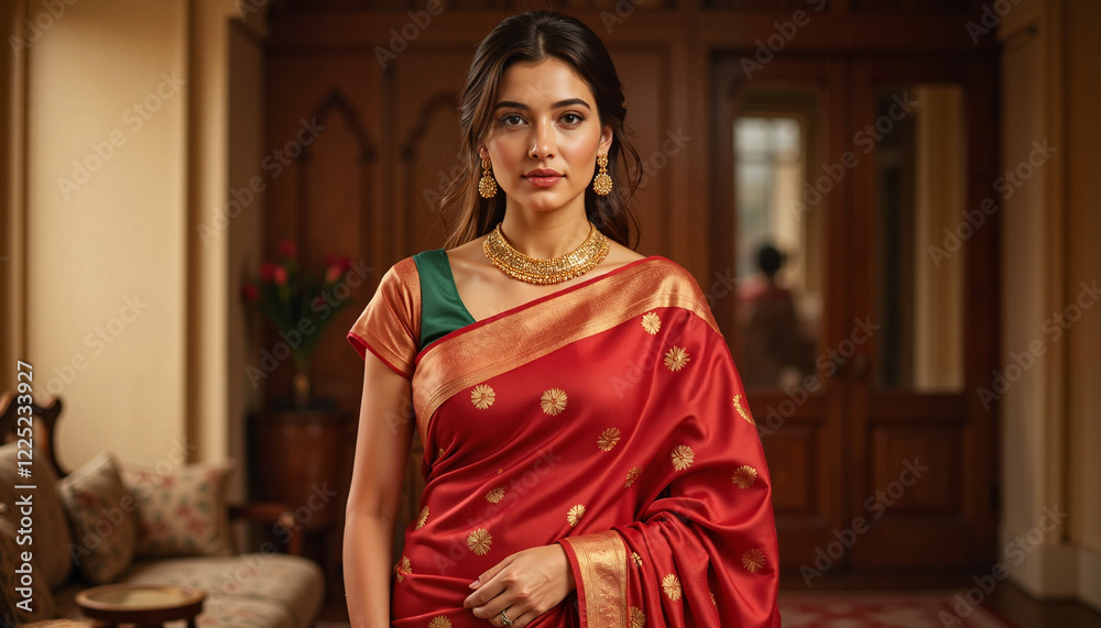 Fototapeta premium Elegant woman in red saree posing indoors, Indian Saree, Raksha Bandhan 