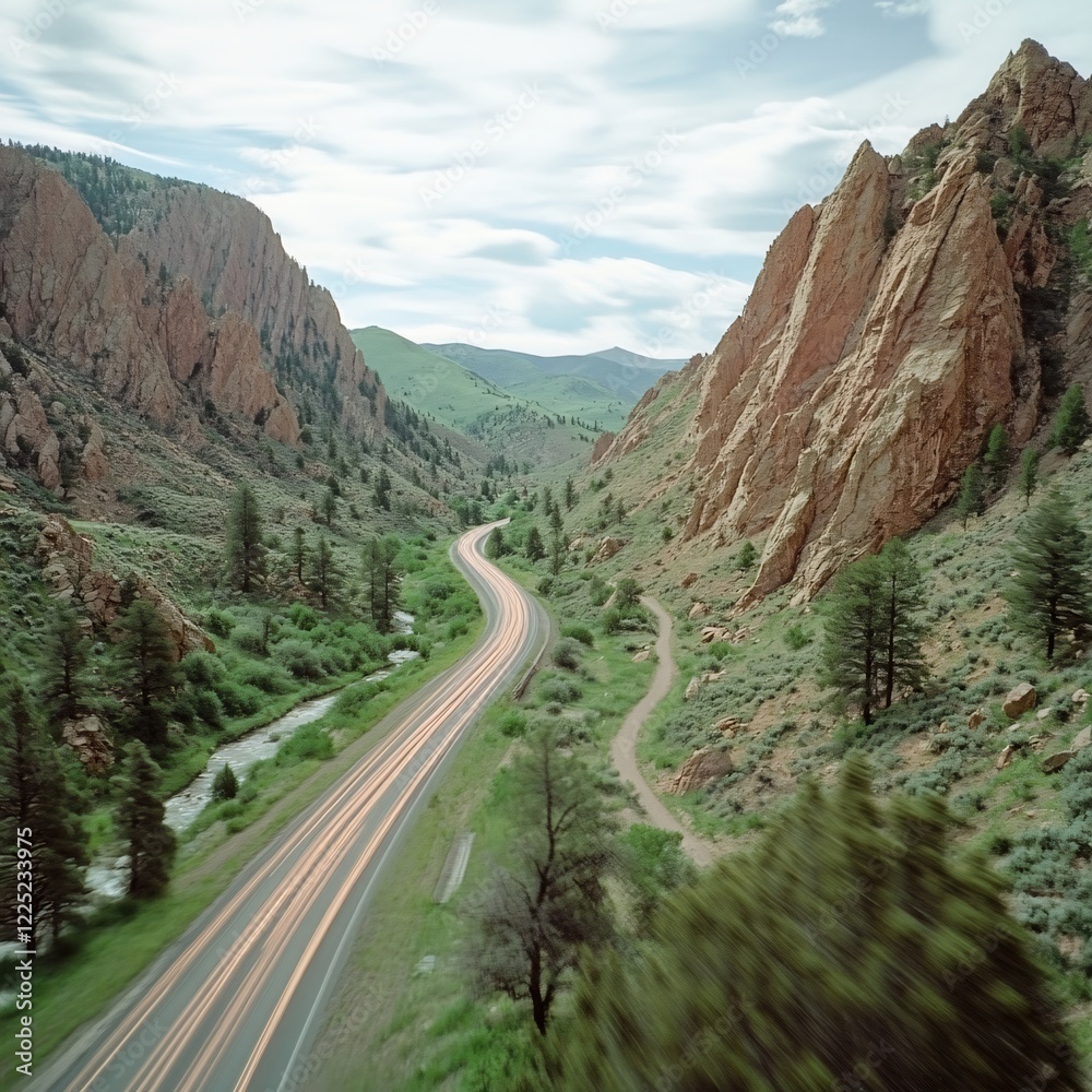 Fototapeta premium Mountain road with light trails through a valley with rocky cliffs and a stream on a cloudy day