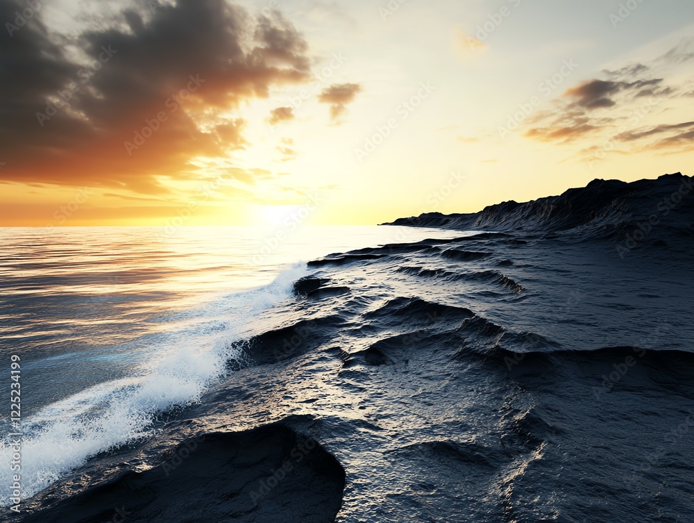 Obraz premium Ocean waves, crashing on rocky cliffs at sunset, 3D illustration