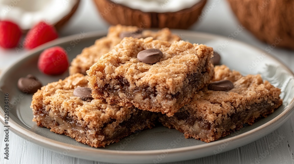 Coconut Oat Bars with Chocolate Chips and Raspberries Coconut Oat Bars with Chocolate Chips and Raspberries