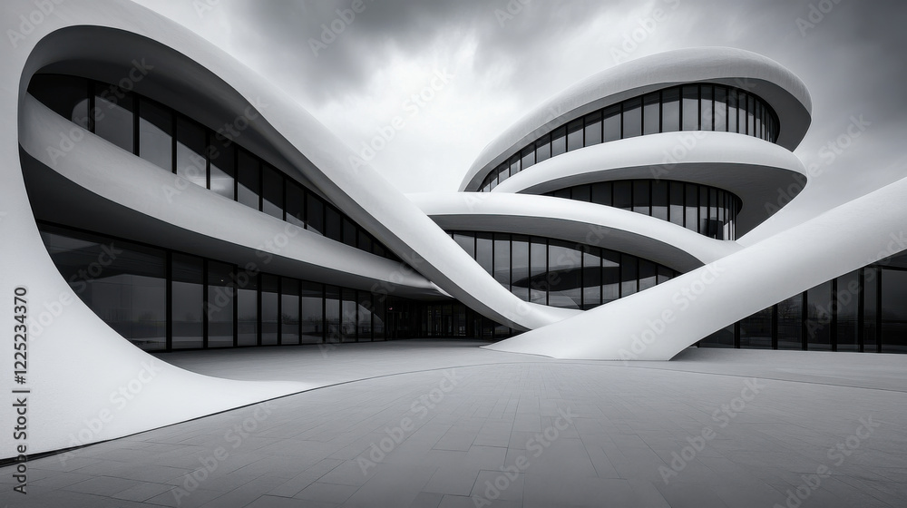 Fototapeta premium Seashell-inspired office design with curving white surfaces and spiral atrium, serene and organic