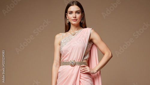 Elegant woman in pink saree posing against neutral background, Indian Saree, Raksha Bandhan 