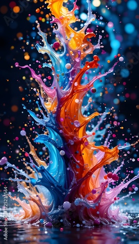 Vibrant liquid forms and colliding objects in water splash bokeh abstract art: for phone wallpaper, screen saver

