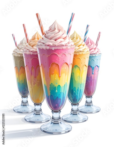 Five rainbow-colored Milkshakes with ice cream illustration on white background

