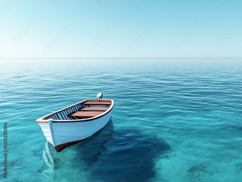 Naklejka premium Small fishing boat, rocking on gentle ocean waves, 3D illustration