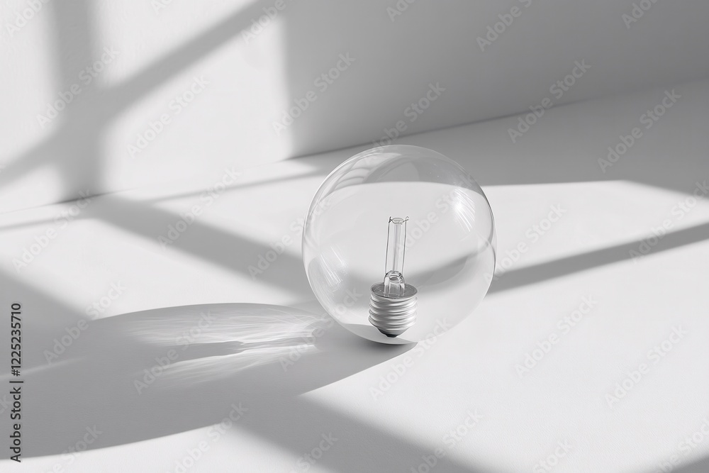 Clear light bulb standing on a white surface with strong shadows from a window light Clear light bulb standing on a white surface with strong shadows from a window light