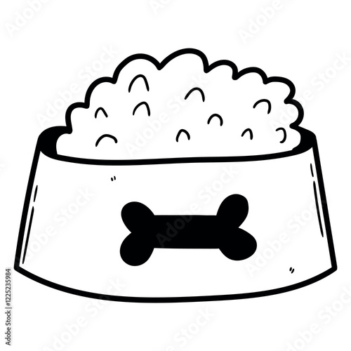 Hand drawn doodle dog food in bowl on white background.