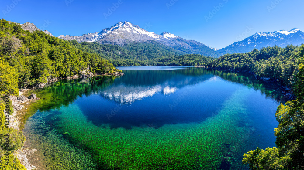 Fototapeta premium A stunning mountain lake with turquoise water, surrounded by snow-capped peaks and evergreen forests, reflecting a clear blue sky