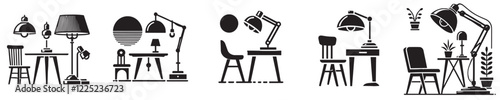 Collection of vector silhouettes of lamps and study tables