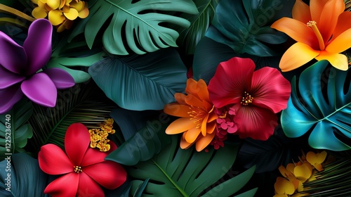 Tropical bouquet, vibrant flowers and lush leaves, 3D illustration photo