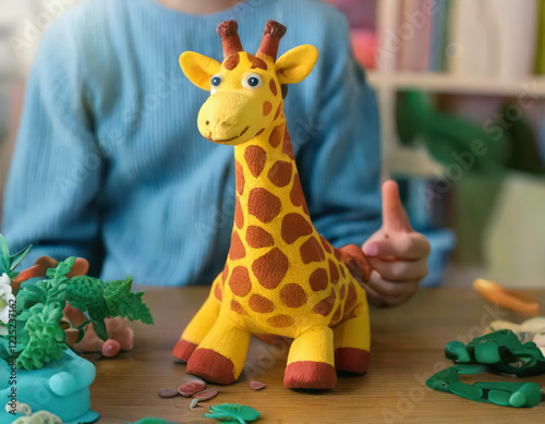 A handmade plasticine giraffe at home a fun craft activity for kids indoor environment diy art project photo