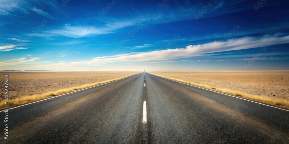 Fototapeta premium Asphalt road disappearing into a vast, flat desert landscape under a brilliant blue sky with wispy clouds