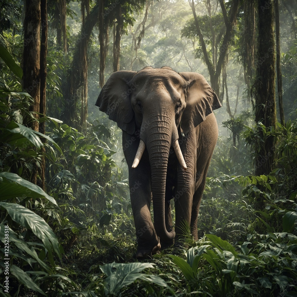 Fototapeta premium Gentle Giant Elephant in the Jungle: A massive elephant calmly walking through a lush rainforest, its trunk reaching up to pluck leaves from the tall trees, with smaller animals darting around.