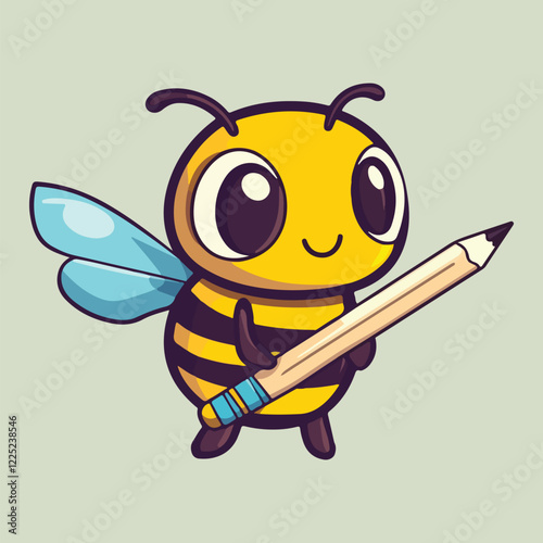 Cute cartoon Honey Bee Holding Pencil vector illustration