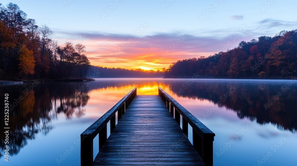 Fototapeta premium Serene sunrise over autumn lake, dock reflection, peaceful nature scene, ideal for meditation or travel