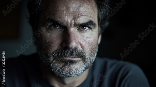 Close-up portrait of a serious middle-aged man with a beard.