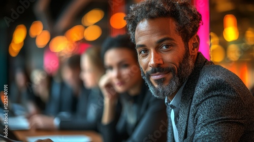Confident business professional engaging with colleagues in a modern and vibrant workspace setting during a team meeting.