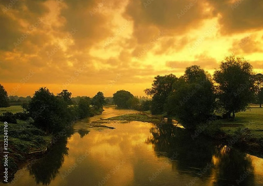 River along the forest at sunset, orange clouds River along the forest at sunset, orange clouds