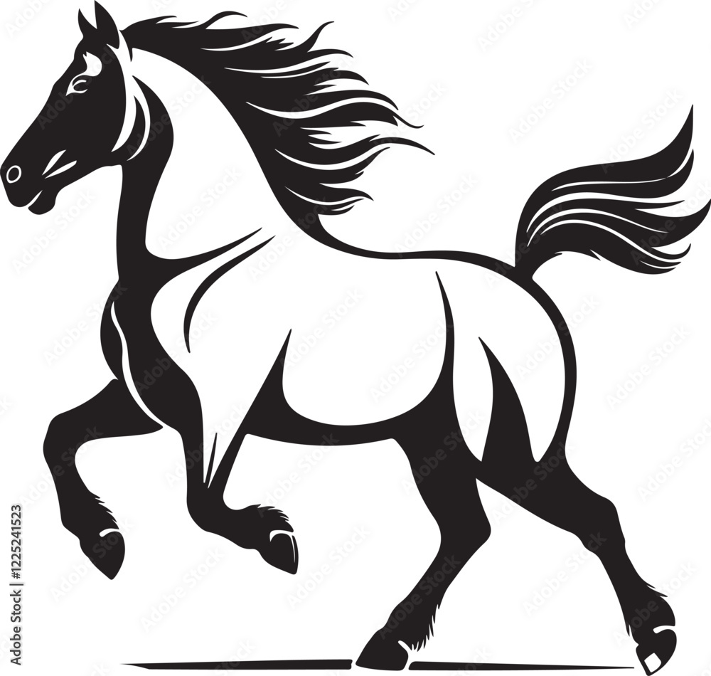 Obraz premium Black silhouette, galloping horse dynamic pose, flowing mane