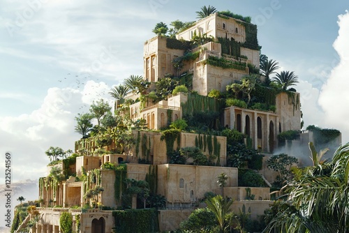 Majestic ancient ziggurat surrounded by lush vegetation under a bright sky, evoking a sense of wonder