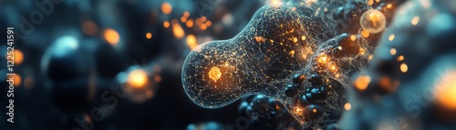 Abstract representation of molecular structures with glowing particles.