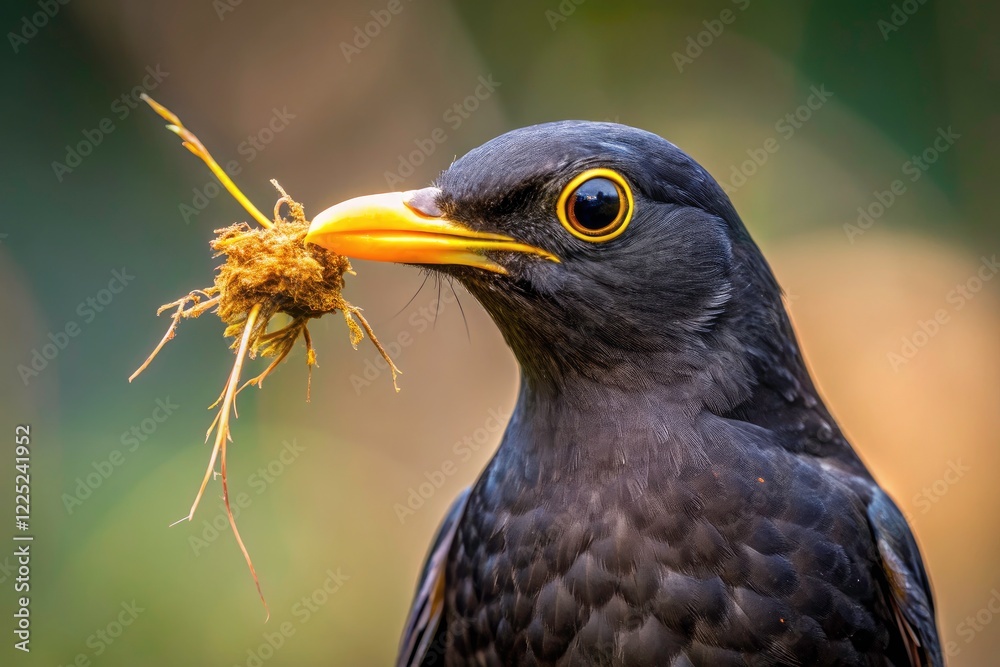 Fototapeta premium Turdus merula carefully weaves nesting material.