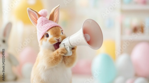 A charming, fluffy Easter bunny wearing a tiny pink hat enthusiastically shouts into a megaphone, surrounded by pastel-colored eggs in a soft and playful setting. The adorable scene for Easter day