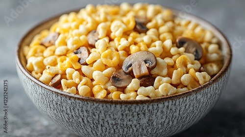 Creamy mushroom pasta in bowl, grey background. Food photography for recipe blogs photo