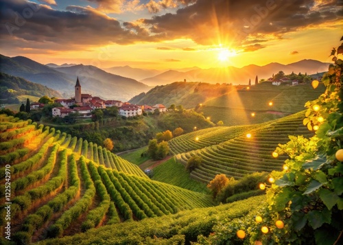 Veneto's Prosecco hills blaze with autumn glory;  sun-drenched vineyards blur into breathtaking bokeh.