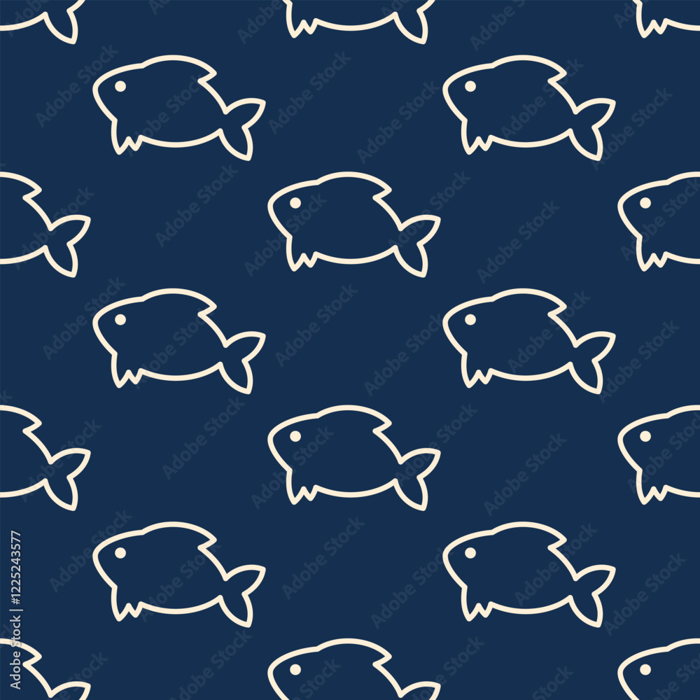 Fototapeta premium Fishes simple vector seamless pattern. Ivory minimalist stylized drawings on dark blue background.