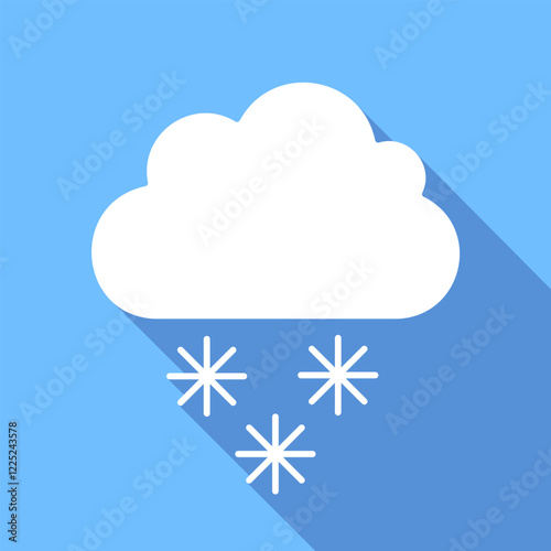 Snowfall weather vector icon with long shadow. White cloud and snowflakes on blue background. 