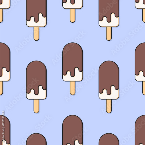 White chocolate and vanilla ice cream popsicles on blue background. Vector seamless pattern.