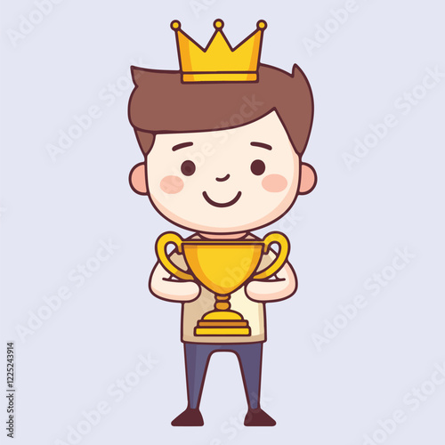 happy cute cartoon boy win gold trophy vector illustration 