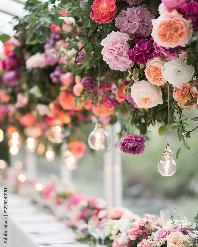 Fototapeta premium Elegant floral arrangement with hanging lights and a table setting for a special event