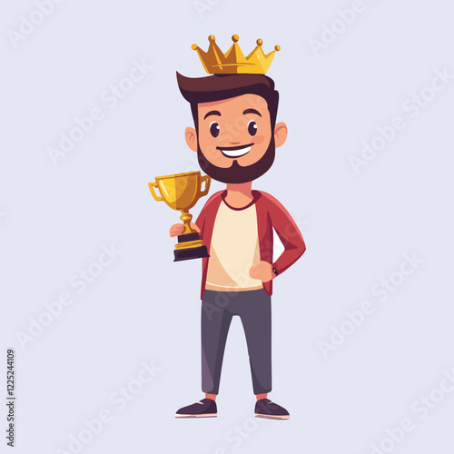 happy cute cartoon boy win gold trophy vector illustration 