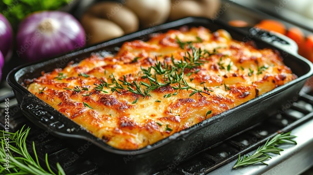 Creamy potato gratin, kitchen setting, vegetables. Food photography