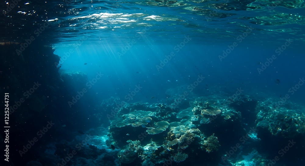 Fototapeta premium Sunbeams pierce a deep blue ocean, illuminating a vibrant coral reef. Underwater marine life thrives.